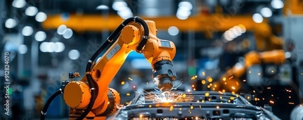 Fototapeta Industrial robot welding car parts, automotive manufacturing plant Precise and strong, efficient and reliable, automation in manufacturing