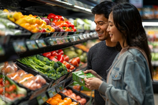 Fototapeta Couple shopping for fresh vegetables at a supermarket, smiling and selecting produce together