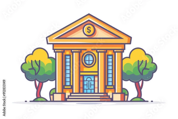 Obraz Illustration of a colorful bank building with trees, financial institution concept, cartoon style.