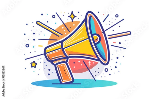 Obraz Vibrant illustration of a megaphone symbolizing communication and announcement, with creative colorful elements in the background.
