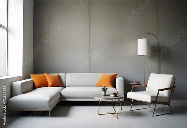 Fototapeta Interior of A modern living room with a gray sofa, wooden coffee table, and a potted plant in the corner