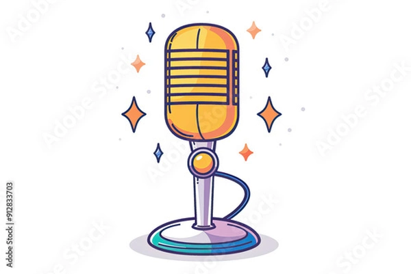 Obraz Colorful cartoon illustration of a vintage microphone with sparkles, ideal for music, podcast, or radio-themed designs.