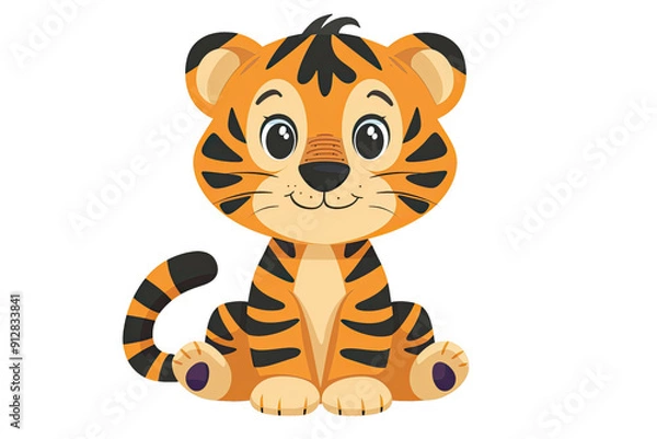 Obraz Cute animated tiger cub sitting with a happy expression, ideal for children's illustrations or educational purposes.