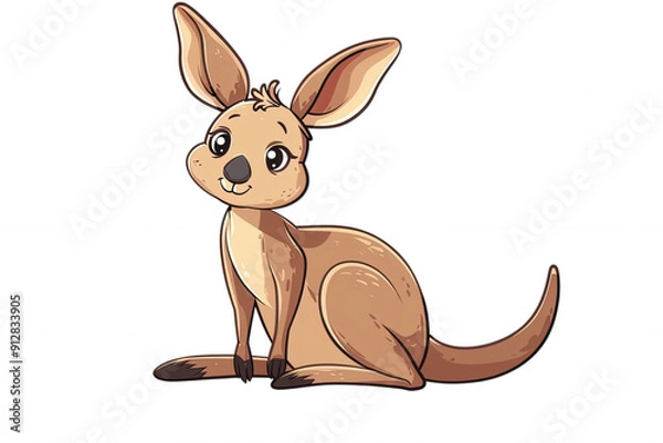 Obraz Cute cartoon kangaroo sitting upright with big eyes and large ears on a white background, illustration suitable for kids.