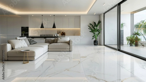 Obraz light luxury interior design of a modern apartment in a minimalist style with marble trim and huge windows