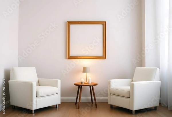 Fototapeta Interior of A minimalist living room with framed empty wall hanging and two white armchairs, a small side table,