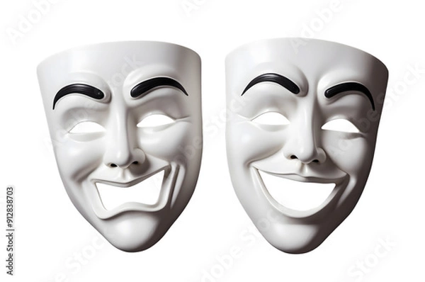 Fototapeta A high-resolution image featuring a pair of white theatrical masks set against a transparent background. 