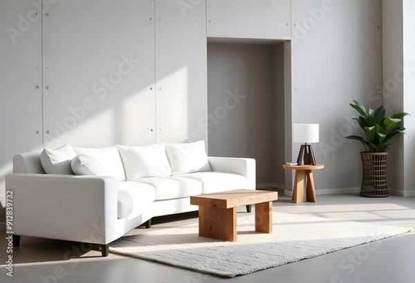 Fototapeta Interior of A modern living room with a gray sofa, wooden coffee table, and a potted plant in the corner