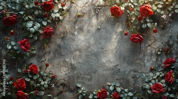 Fototapeta Red roses framing a textured gray wall with soft lighting in a natural setting