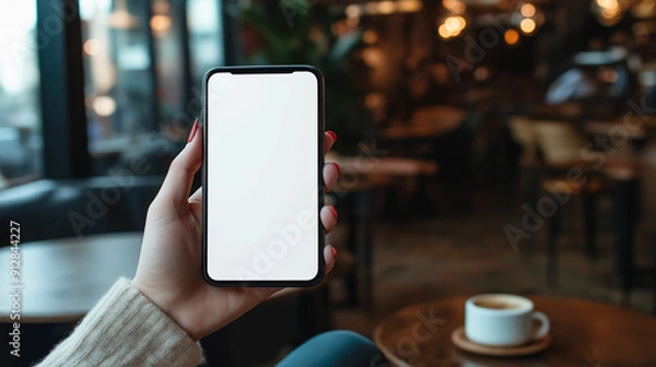 Fototapeta Mockup, woman's hand holding using mobile phone at coffee shop with copy space, white blank screen for text, mobile app design and advertising, online marketing 
