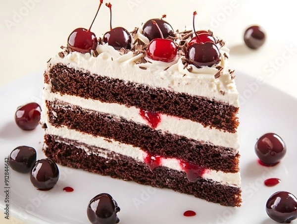 Fototapeta A slice of Black Forest cake with layers of chocolate