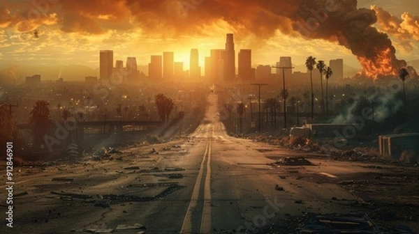 Obraz Apocalyptic sunset over abandoned city streets with fiery smoke rising