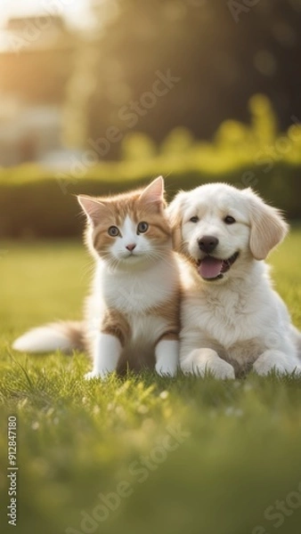 Obraz Gray tabby cat and golden Labrador Retriever sit together on grassy park area.