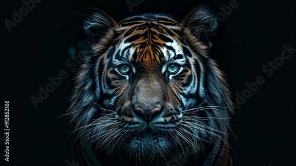 Obraz Majestic tiger staring directly into the camera in dark habitat