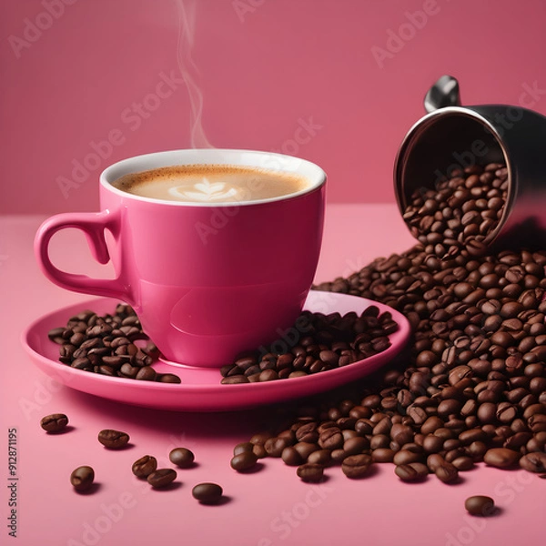 Fototapeta Coffee and Beans with pink Background