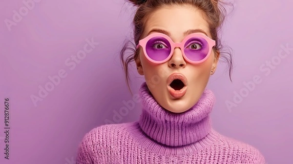 Fototapeta Photo portrait of shocked woman with open mouth isolated on vivid purple colored background