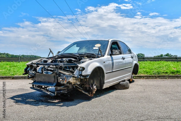 Fototapeta A wrecked and damaged silver car is sitting on the side of the road