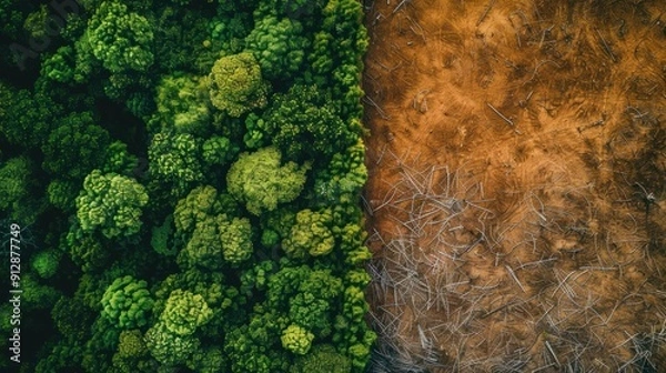 Fototapeta 7. Aerial view of a deforested area next to a healthy forest, showcasing the impact of deforestation on global warming