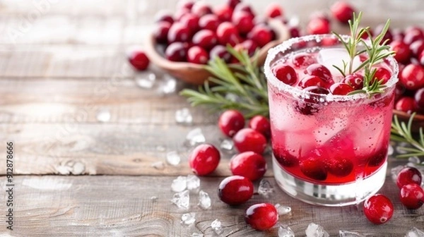 Fototapeta   A clear photo of a glass filled with crimson cranberries resting atop an ice-laden table, adorned with fragrant rosemary sprigs