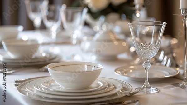 Fototapeta Elegant dining table set with white plates, bowls, and glassware, perfect for a formal dinner or special occasion.