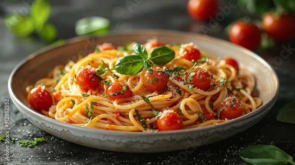 Obraz Spaghetti with Cherry Tomatoes, Fresh Herbs, and Grated Parmesan Cheese in ceramic bowl