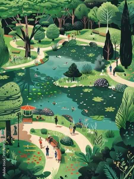 Fototapeta Vibrant park scene with people strolling around a tranquil pond surrounded by lush greenery and scenic paths on a sunny day.