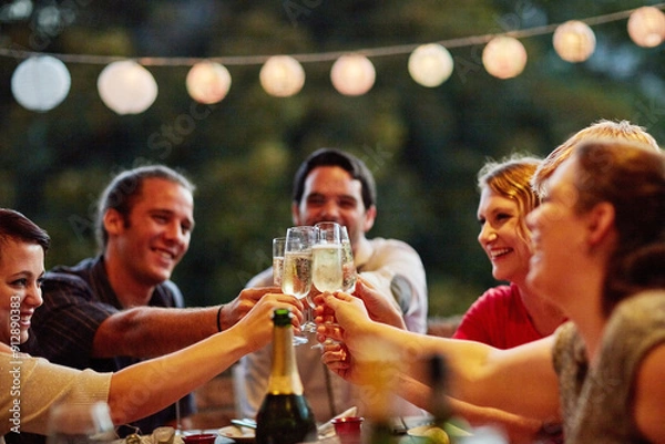 Fototapeta Hands, laughing and toast with friends outdoor in garden of home for celebration or social gathering together. Champagne, cheers and funny with group of people in backyard for bonding or milestone
