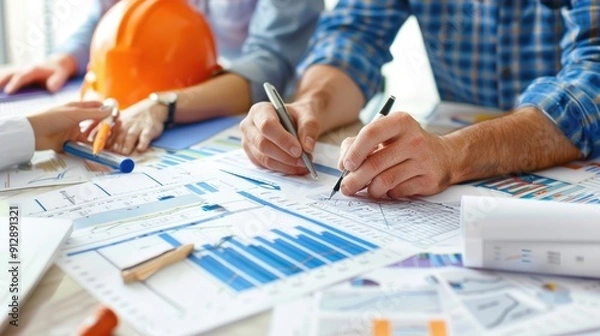 Fototapeta Generate a photo realistic image of a construction project team conducting a review of budget planning with detailed financial charts and planning reports; ensure the image is of high resolution 