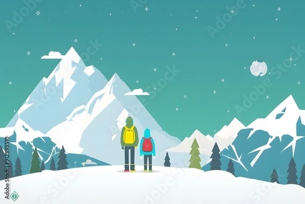 Obraz Two People Looking at Mountain Range with Snow