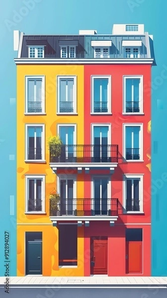 Fototapeta Colorful Building with Balconies and Windows