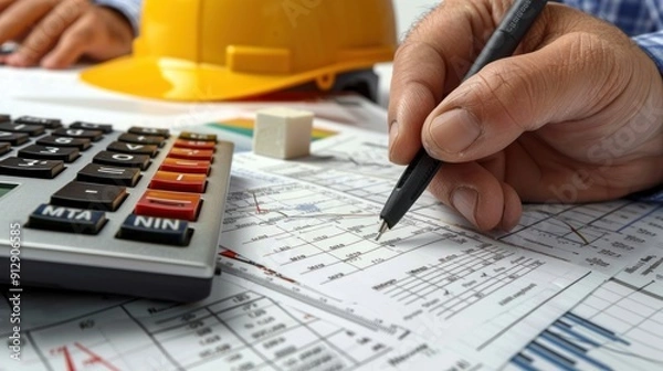 Fototapeta Generate a photo realistic image of a construction project team conducting a review of cost analysis with detailed financial charts and budgeting reports; ensure the image is of high resolution 