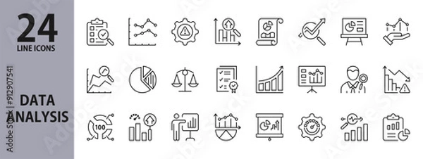 Fototapeta Data Analysis line icons set with Report, Balance, Graph, Analyst, Growth, Diagram, Analytics, Document, Magnifier and more. Editable Stroke