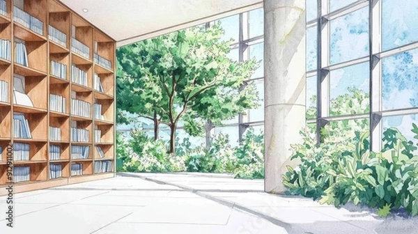 Fototapeta Soft colors in a watercolor art piece depicting a serene library with paper art bookshelves and students immersed in reading