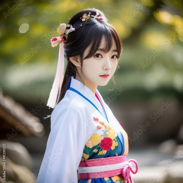 Fototapeta 韓国の伝統的な韓服・着物を着た優雅な女性