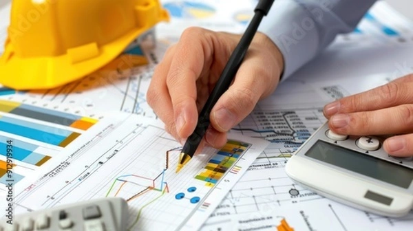 Fototapeta Generate a photo realistic image of a construction project team in a session focused on achieving financial efficiency, with detailed budgeting charts and efficiency plans