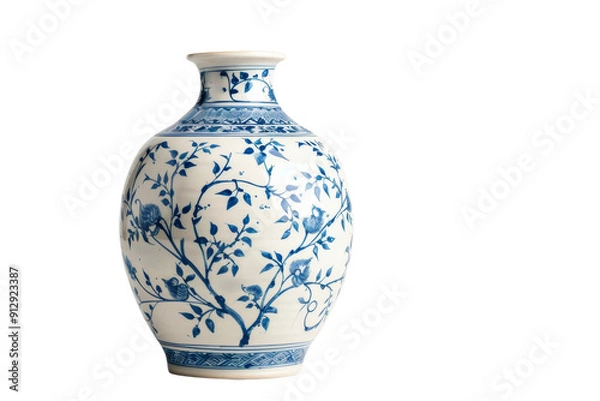 Fototapeta Elegant blue and white porcelain vase with intricate floral patterns. Perfect for home decor, presenting a classic and timeless design.