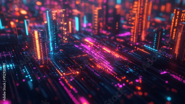 Fototapeta Digital data landscape with neon lights and nodes digital