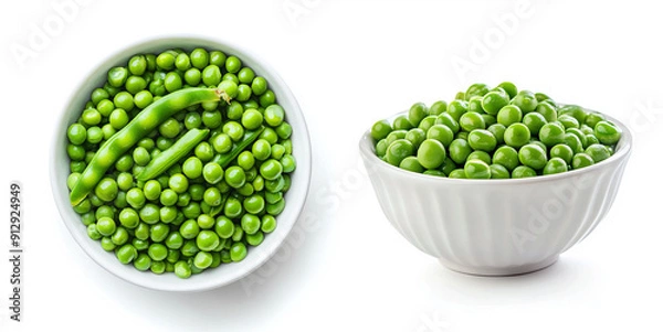 Fototapeta Green peas in a white bowl bundle, side and top view, isolated on a white background