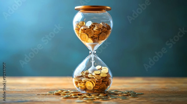 Fototapeta A stunning hourglass filled with coins symbolizes the value of time and money, capturing the essence of financial growth.