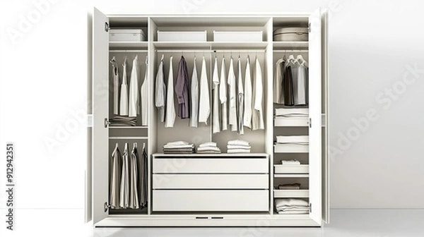 Fototapeta Stylish white wardrobe with open doors showcasing an organized interior