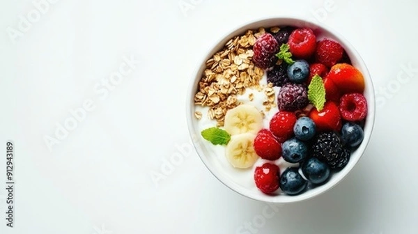Fototapeta Top-down view of a wholesome breakfast bowl with Greek yogurt, granola, and colorful mixed fruits on a white background