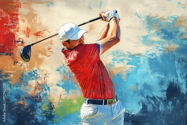 Fototapeta Dynamic and colorful painting of a powerful golfer in a red shirt swinging his club