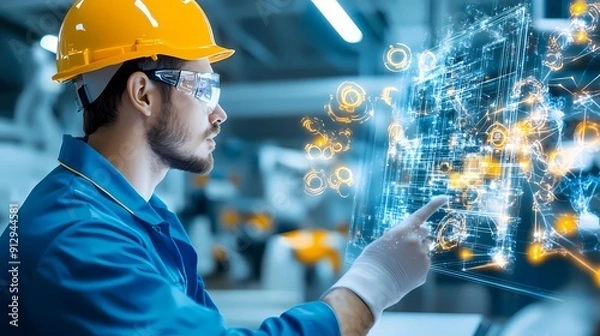 Fototapeta An engineer interacts with advanced technology in a modern industrial setting, showcasing innovation and digital transformation.