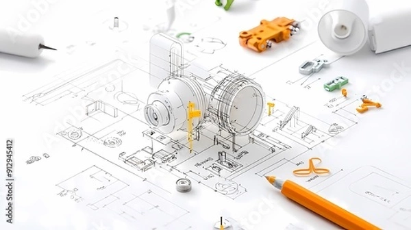 Obraz Technical drawing featuring mechanical components, tools, and a design layout for engineering projects and innovations.