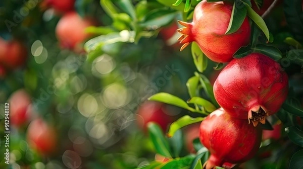 Obraz Red pomegranate on a tree, Pomegranate with green leaves