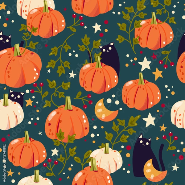 Obraz Autumn fall seamless pattern with pumpkins, cats, leaves, moon and stars on dark green background. Colorful vector illustration.