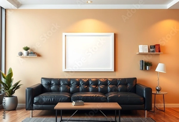 Obraz A modern living room with a large sofa and blank framed  on wall, and a wooden coffee table on a light colored hardwood floor