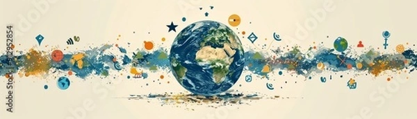 Obraz Earth with ecofriendly transport and recycling symbols minimal icon flat white background illustration space for Ad