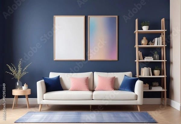Fototapeta A modern living room with a large sofa and blank framed  on wall, and a wooden coffee table on a light colored hardwood floor