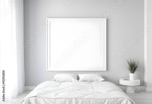 Fototapeta Interior of  A bedroom with a wooden bed frame, and a blank white framed wall art above the bed. The room has a warm, inviting atmosphere 